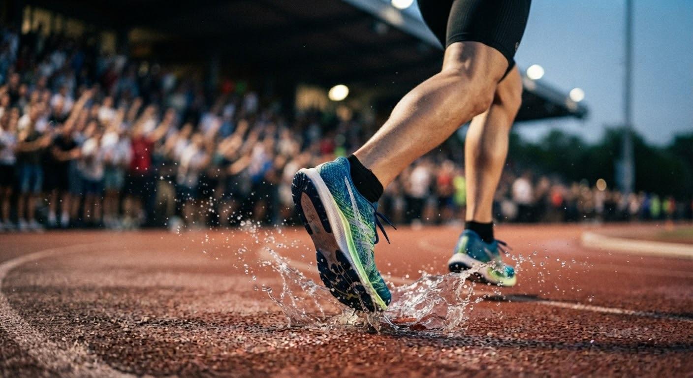 Atleta in corsa su una pista bagnata