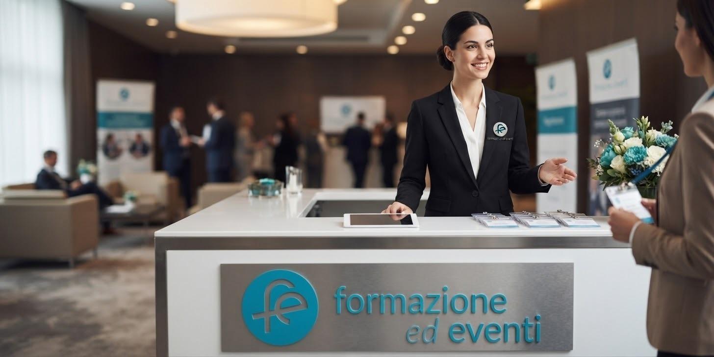 Hostess Formazione ed Eventi accoglie una partecipante al desk di registrazione